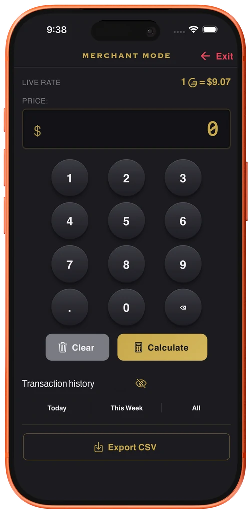 Aquarian Metals app merchant mode for Goldback pricing