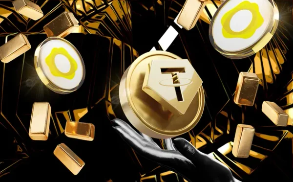 Stylized illustration of tokenized gold: a hand holds a Tether Gold (XAUt) coin with floating gold bars and coins against a dark geometric background.